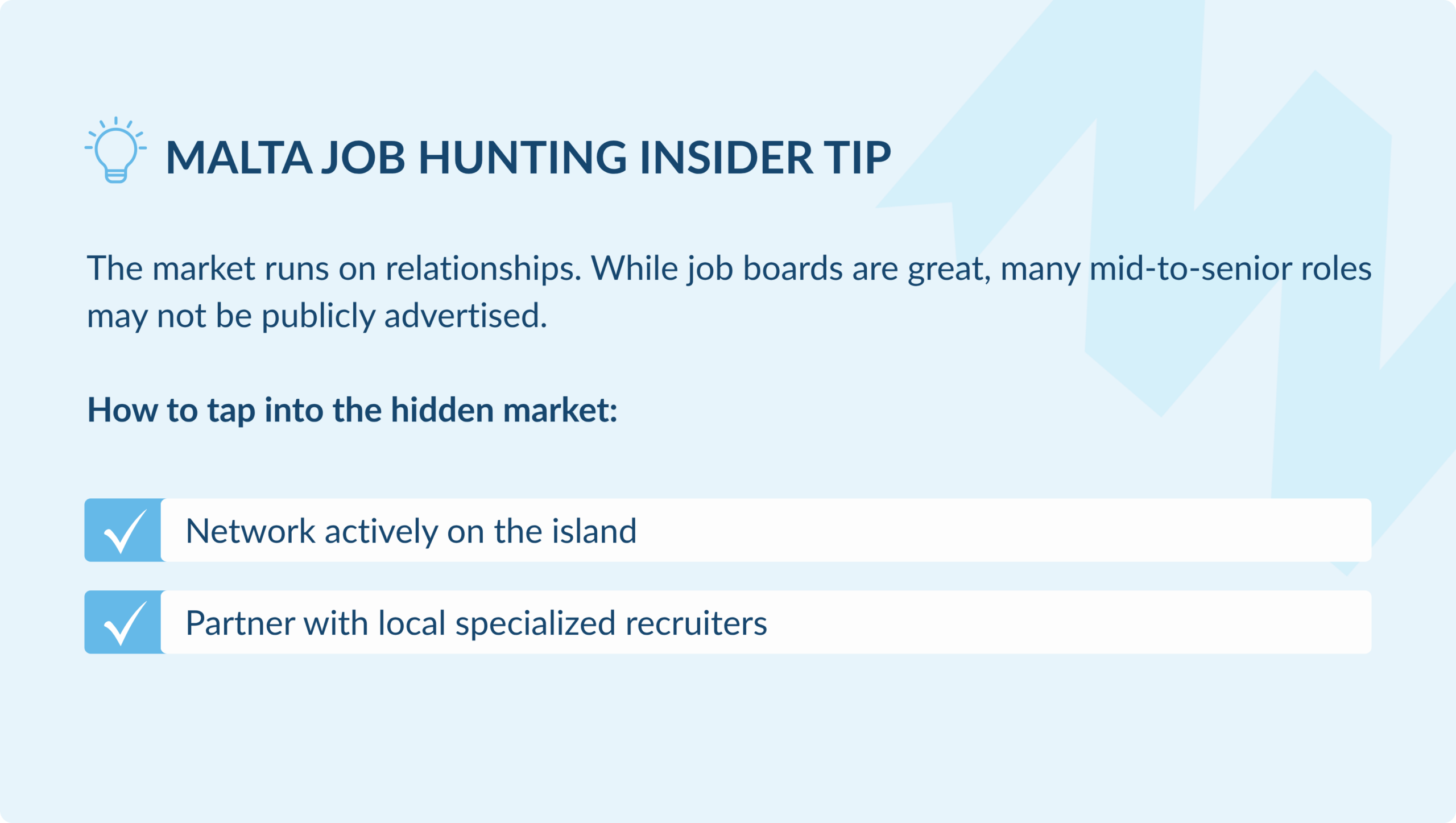 Light blue infographic titled Malta Job Hunting Insider Tip, explaining that the market runs on relationships and advising job seekers to network actively and partner with local recruiters.